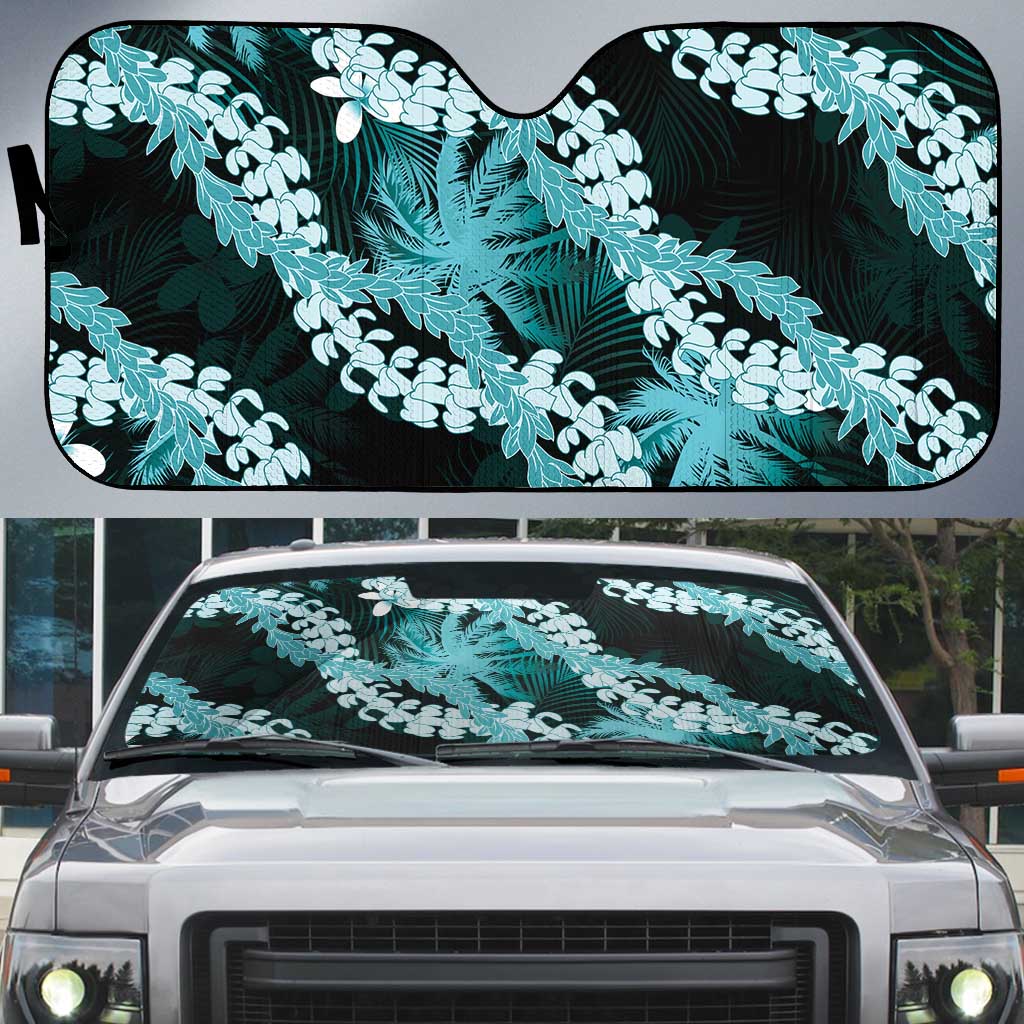 Puakenikeni Maile Lei Auto Sun Shade Frangipani Turquoise Tropical Leaves
