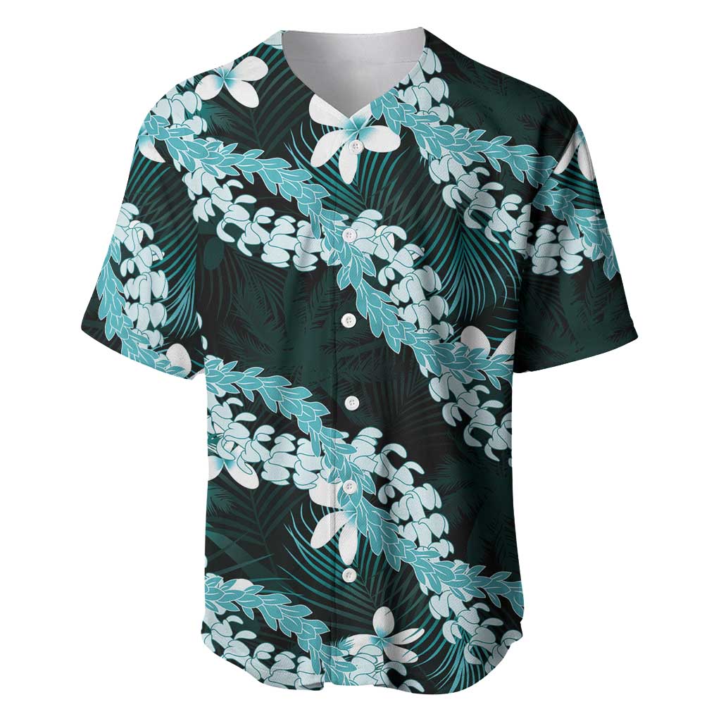 Puakenikeni Maile Lei Baseball Jersey Frangipani Turquoise Tropical Leaves
