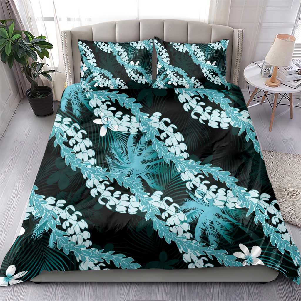 Puakenikeni Maile Lei Bedding Set Frangipani Turquoise Tropical Leaves LT01 - Polynesian Pride