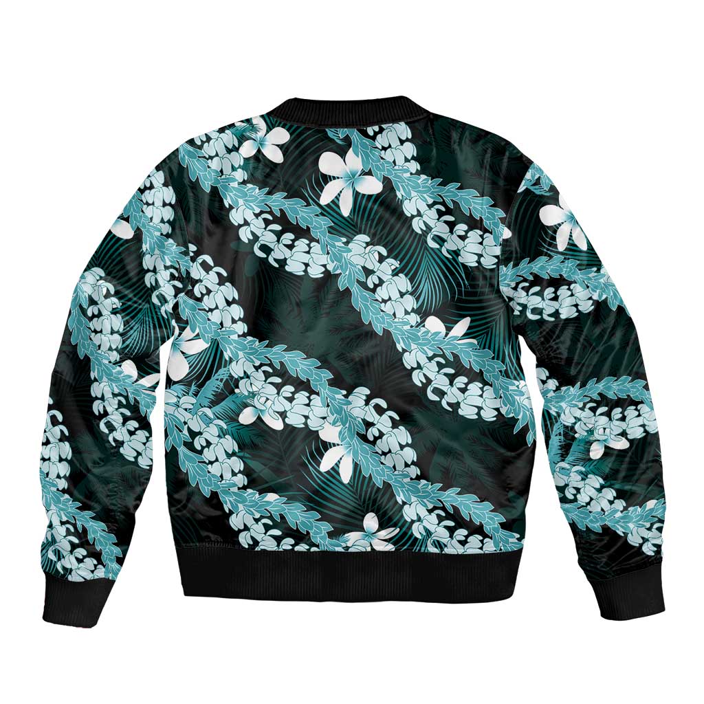 Puakenikeni Maile Lei Bomber Jacket Frangipani Turquoise Tropical Leaves LT01 - Polynesian Pride