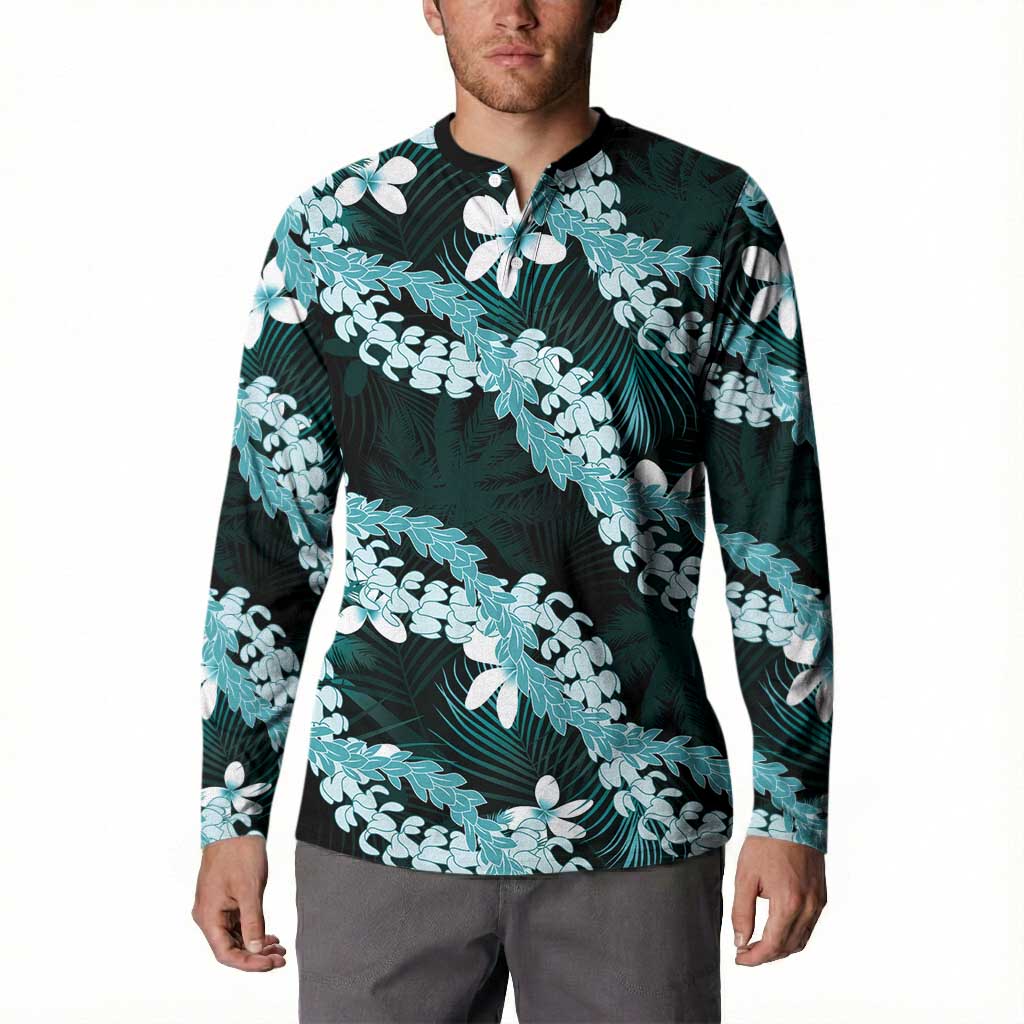 Puakenikeni Maile Lei Button Sweatshirt Frangipani Turquoise Tropical Leaves LT01 - Polynesian Pride