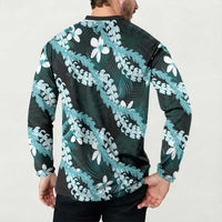 Puakenikeni Maile Lei Button Sweatshirt Frangipani Turquoise Tropical Leaves LT01 - Polynesian Pride