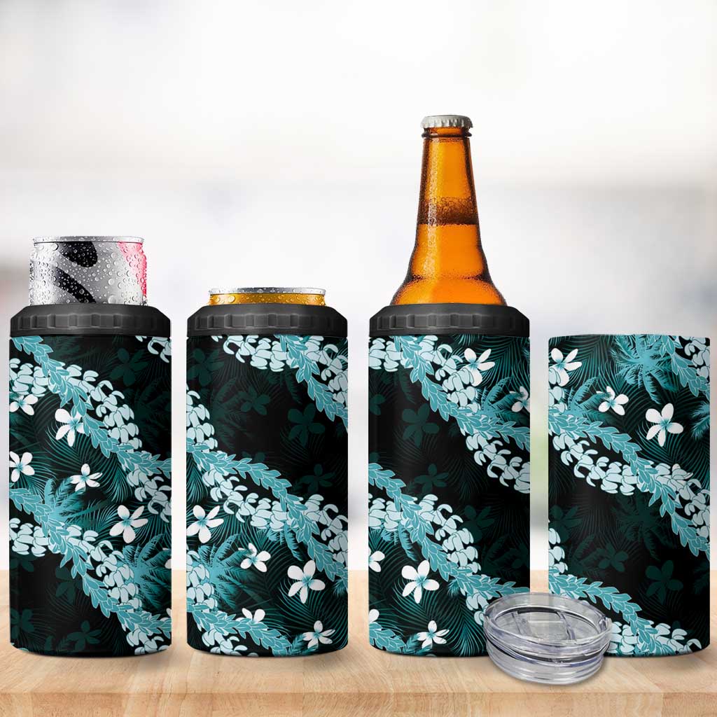 Puakenikeni Maile Lei 4 in 1 Can Cooler Tumbler Frangipani Turquoise Tropical Leaves LT01 - Polynesian Pride