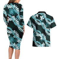 Puakenikeni Maile Lei Couples Matching Long Sleeve Bodycon Dress and Hawaiian Shirt Frangipani Turquoise Tropical Leaves