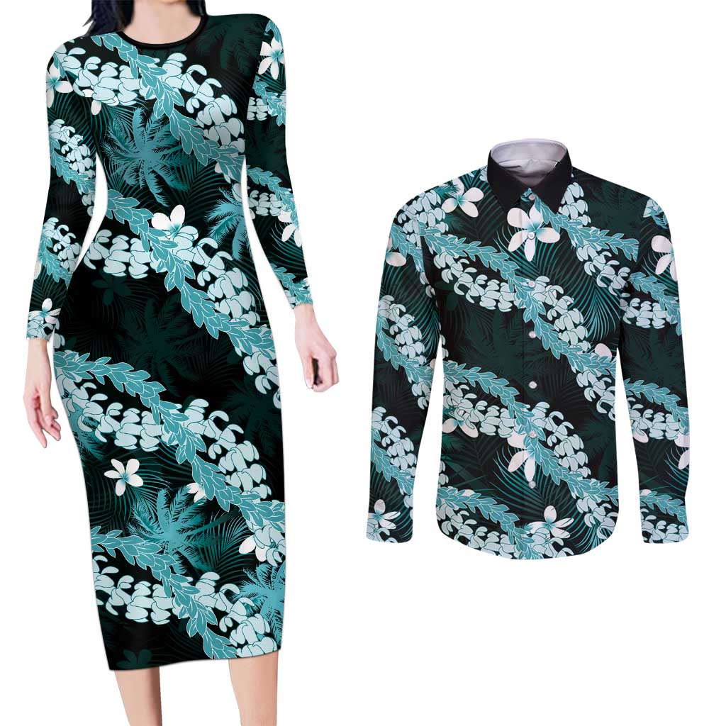 Puakenikeni Maile Lei Couples Matching Long Sleeve Bodycon Dress and Long Sleeve Button Shirt Frangipani Turquoise Tropical Leaves