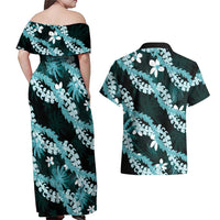 Puakenikeni Maile Lei Couples Matching Off Shoulder Maxi Dress and Hawaiian Shirt Frangipani Turquoise Tropical Leaves