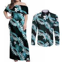 Puakenikeni Maile Lei Couples Matching Off Shoulder Maxi Dress and Long Sleeve Button Shirt Frangipani Turquoise Tropical Leaves LT01 Turquoise - Polynesian Pride