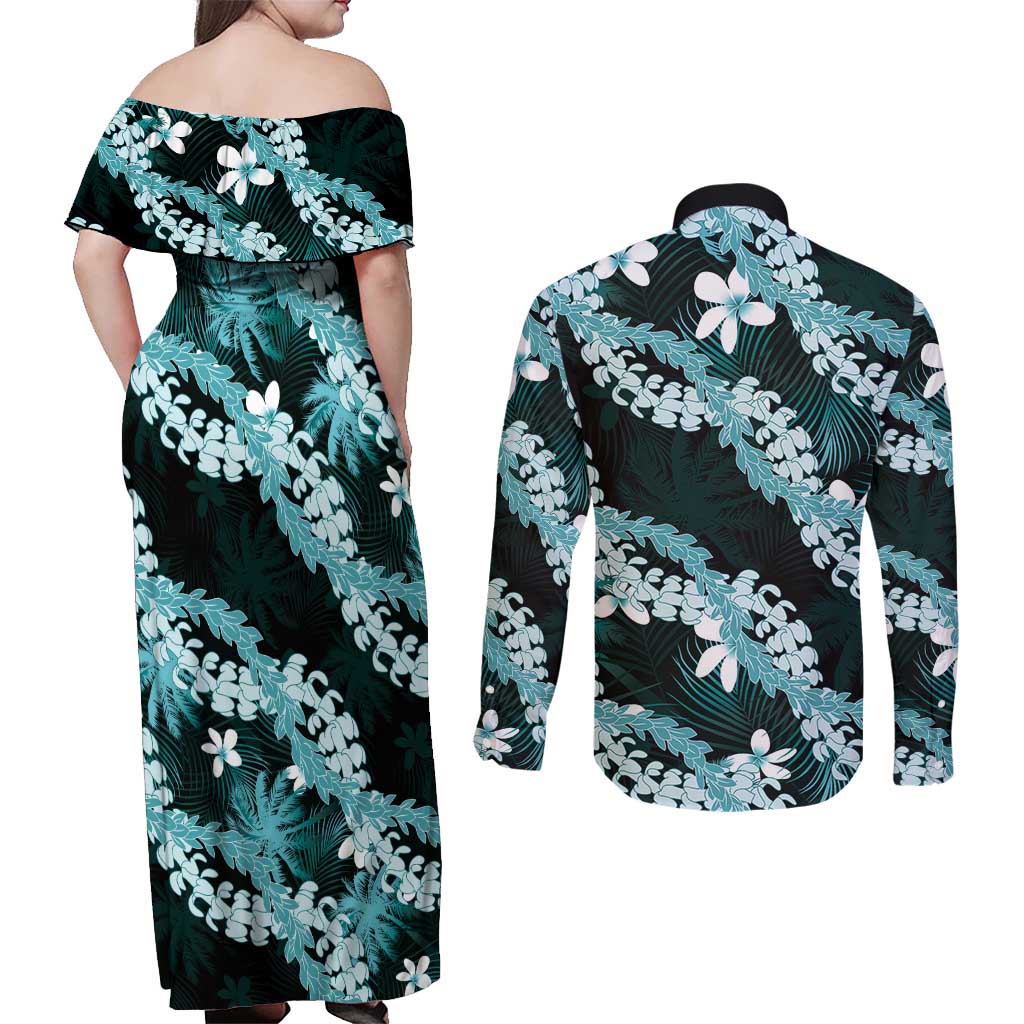 Puakenikeni Maile Lei Couples Matching Off Shoulder Maxi Dress and Long Sleeve Button Shirt Frangipani Turquoise Tropical Leaves LT01 - Polynesian Pride