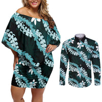 Puakenikeni Maile Lei Couples Matching Off Shoulder Short Dress and Long Sleeve Button Shirt Frangipani Turquoise Tropical Leaves