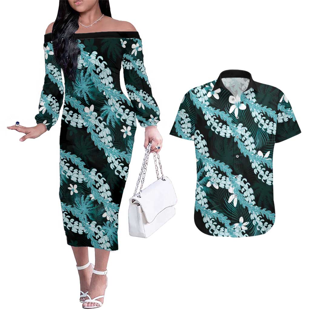 Puakenikeni Maile Lei Couples Matching Off The Shoulder Long Sleeve Dress and Hawaiian Shirt Frangipani Turquoise Tropical Leaves LT01 Turquoise - Polynesian Pride