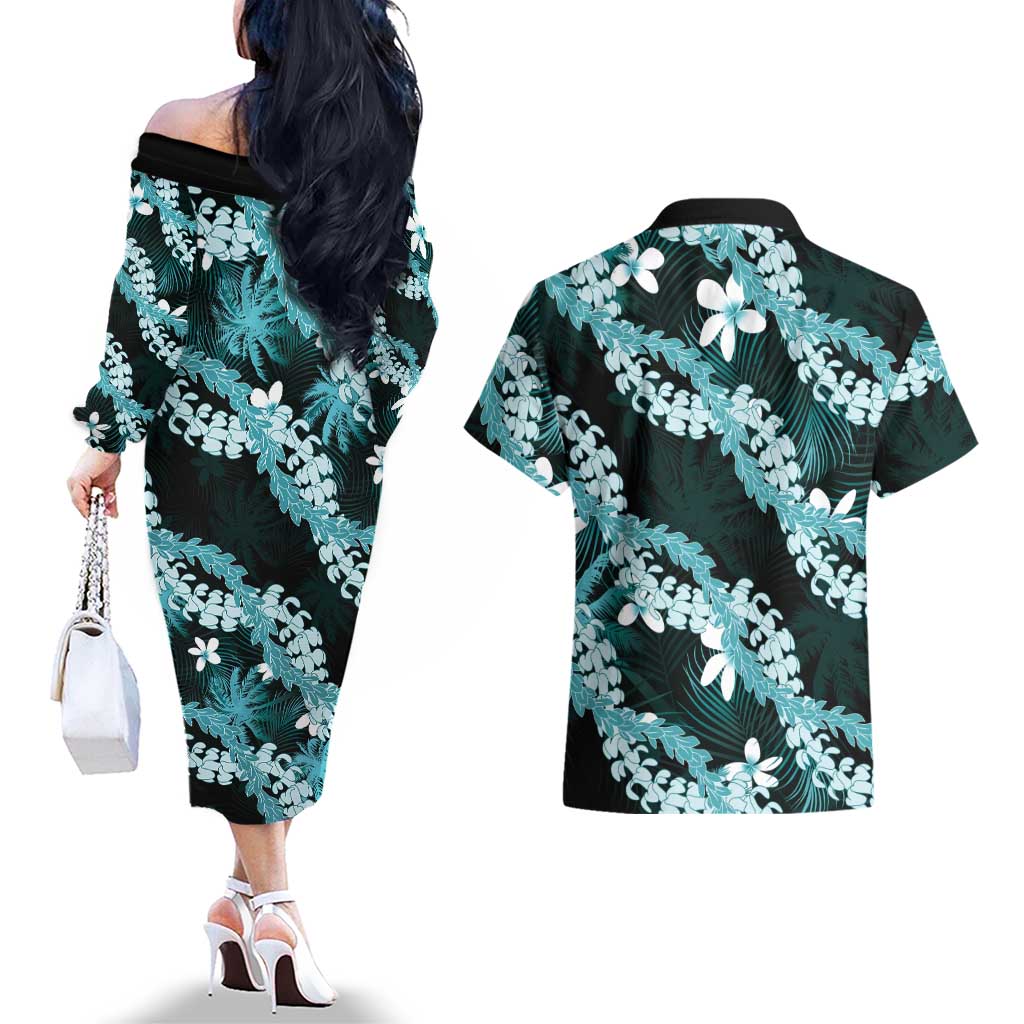 Puakenikeni Maile Lei Couples Matching Off The Shoulder Long Sleeve Dress and Hawaiian Shirt Frangipani Turquoise Tropical Leaves LT01 - Polynesian Pride