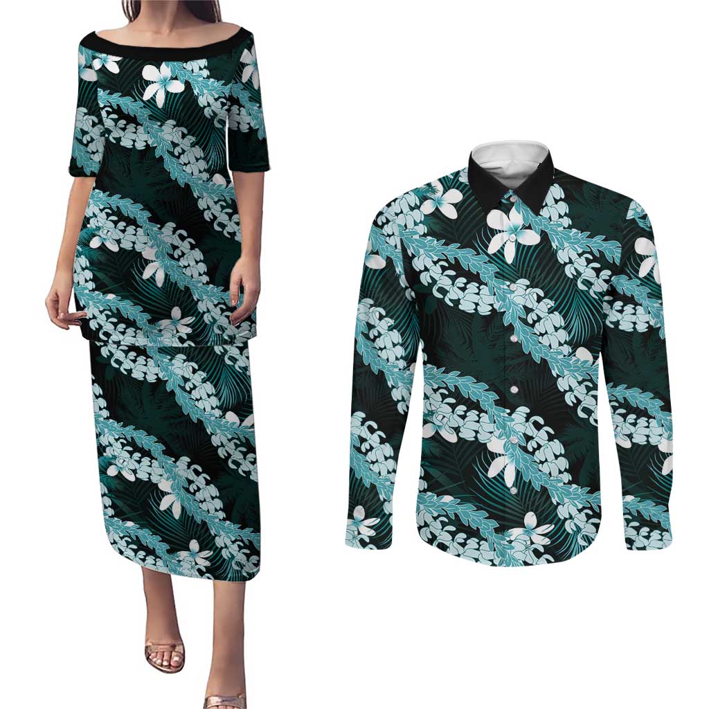 Puakenikeni Maile Lei Couples Matching Puletasi and Long Sleeve Button Shirt Frangipani Turquoise Tropical Leaves