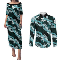 Puakenikeni Maile Lei Couples Matching Puletasi and Long Sleeve Button Shirt Frangipani Turquoise Tropical Leaves
