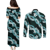 Puakenikeni Maile Lei Couples Matching Puletasi and Long Sleeve Button Shirt Frangipani Turquoise Tropical Leaves