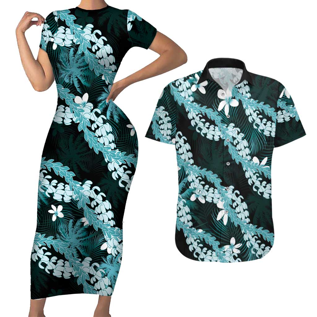 Puakenikeni Maile Lei Couples Matching Short Sleeve Bodycon Dress and Hawaiian Shirt Frangipani Turquoise Tropical Leaves