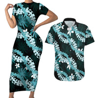 Puakenikeni Maile Lei Couples Matching Short Sleeve Bodycon Dress and Hawaiian Shirt Frangipani Turquoise Tropical Leaves