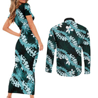 Puakenikeni Maile Lei Couples Matching Short Sleeve Bodycon Dress and Long Sleeve Button Shirt Frangipani Turquoise Tropical Leaves