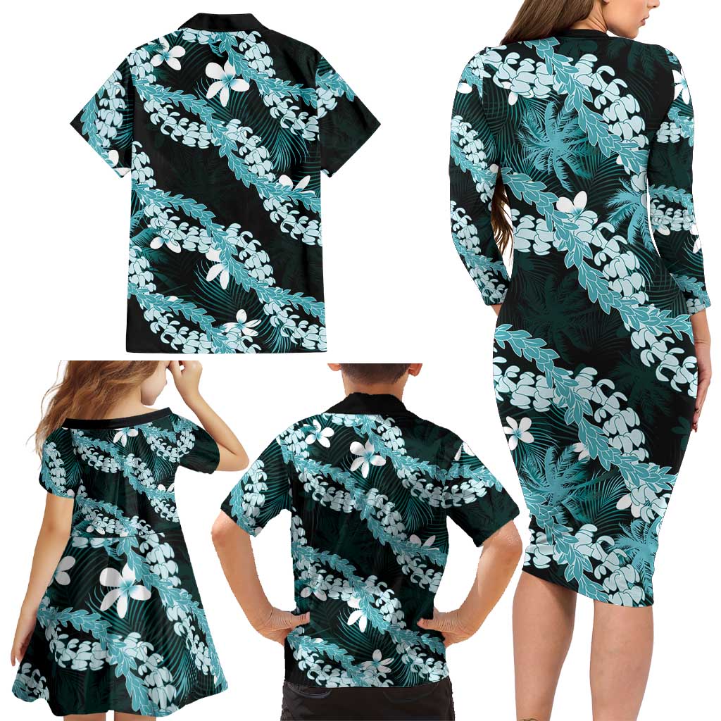 Puakenikeni Maile Lei Family Matching Long Sleeve Bodycon Dress and Hawaiian Shirt Frangipani Turquoise Tropical Leaves