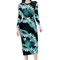 Puakenikeni Maile Lei Family Matching Long Sleeve Bodycon Dress and Hawaiian Shirt Frangipani Turquoise Tropical Leaves