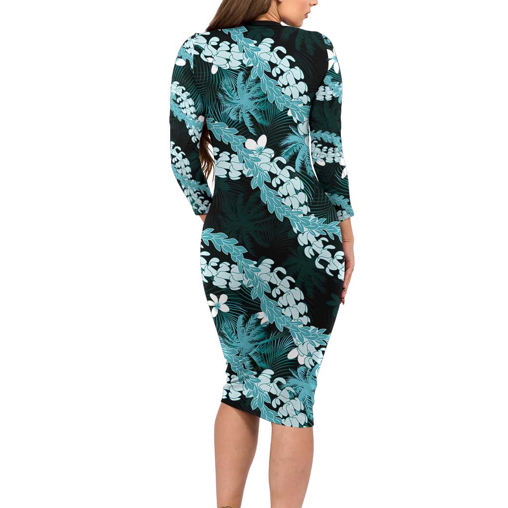 Puakenikeni Maile Lei Family Matching Long Sleeve Bodycon Dress and Hawaiian Shirt Frangipani Turquoise Tropical Leaves