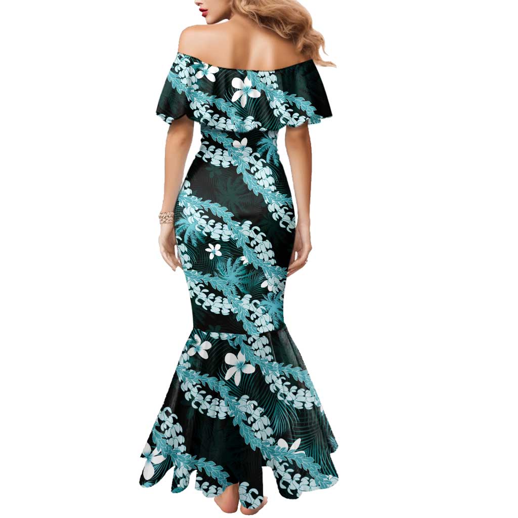 Puakenikeni Maile Lei Family Matching Mermaid Dress and Hawaiian Shirt Frangipani Turquoise Tropical Leaves