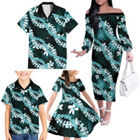 Puakenikeni Maile Lei Family Matching Off The Shoulder Long Sleeve Dress and Hawaiian Shirt Frangipani Turquoise Tropical Leaves