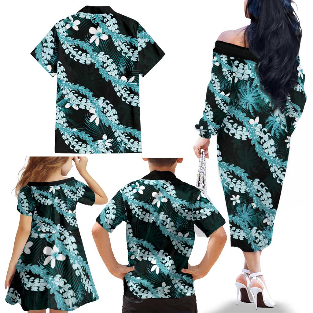 Puakenikeni Maile Lei Family Matching Off The Shoulder Long Sleeve Dress and Hawaiian Shirt Frangipani Turquoise Tropical Leaves