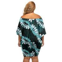 Puakenikeni Maile Lei Family Matching Off Shoulder Short Dress and Hawaiian Shirt Frangipani Turquoise Tropical Leaves