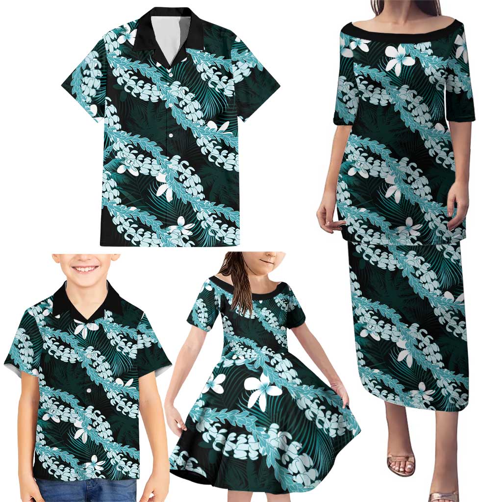 Puakenikeni Maile Lei Family Matching Puletasi and Hawaiian Shirt Frangipani Turquoise Tropical Leaves LT01 - Polynesian Pride