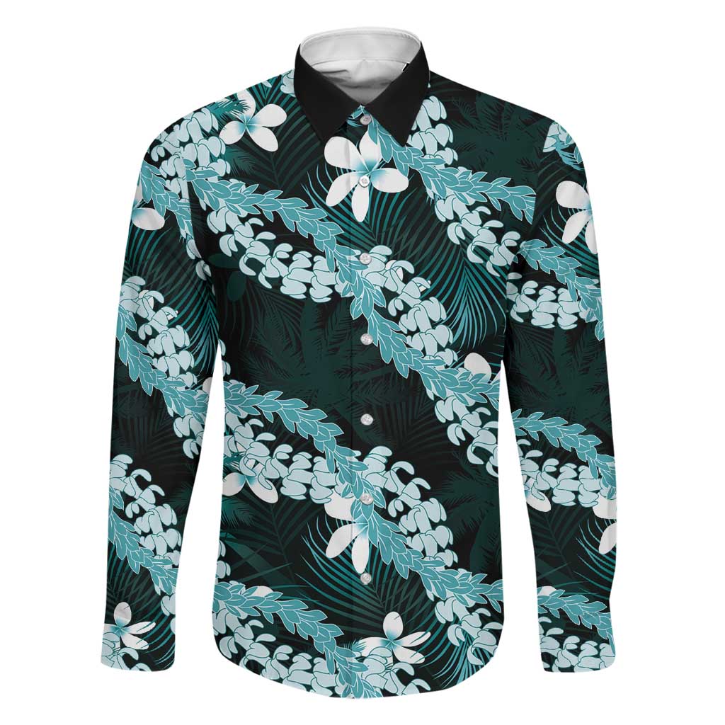 Puakenikeni Maile Lei Family Matching Puletasi and Hawaiian Shirt Frangipani Turquoise Tropical Leaves LT01 Dad's Shirt - Long Sleeve Turquoise - Polynesian Pride