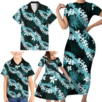 Puakenikeni Maile Lei Family Matching Short Sleeve Bodycon Dress and Hawaiian Shirt Frangipani Turquoise Tropical Leaves