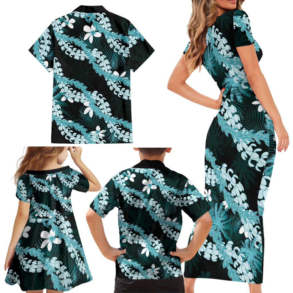 Puakenikeni Maile Lei Family Matching Short Sleeve Bodycon Dress and Hawaiian Shirt Frangipani Turquoise Tropical Leaves