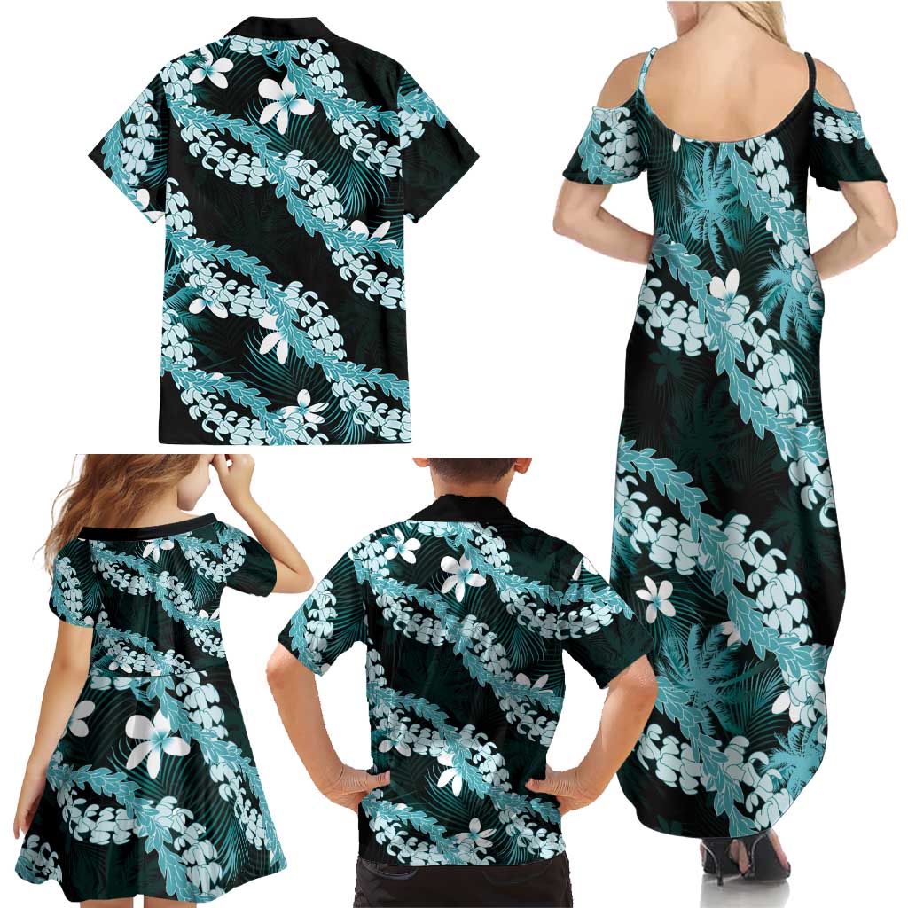 Puakenikeni Maile Lei Family Matching Summer Maxi Dress and Hawaiian Shirt Frangipani Turquoise Tropical Leaves