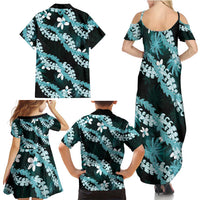 Puakenikeni Maile Lei Family Matching Summer Maxi Dress and Hawaiian Shirt Frangipani Turquoise Tropical Leaves