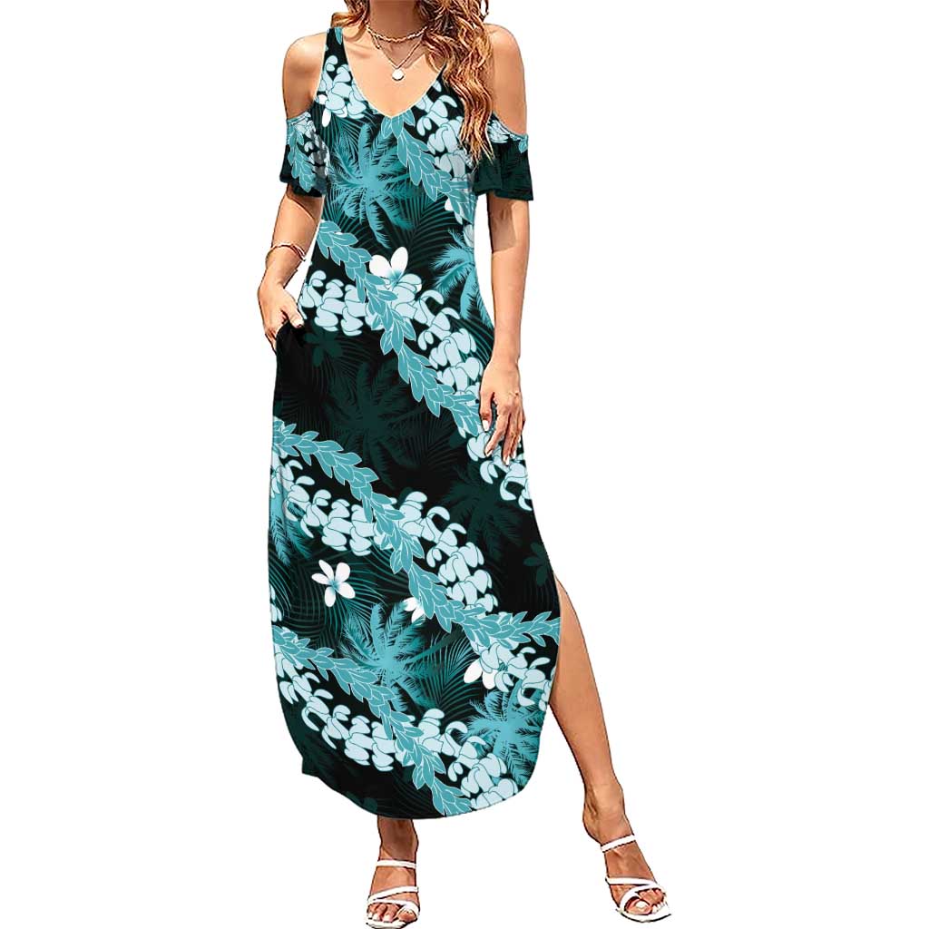 Puakenikeni Maile Lei Family Matching Summer Maxi Dress and Hawaiian Shirt Frangipani Turquoise Tropical Leaves