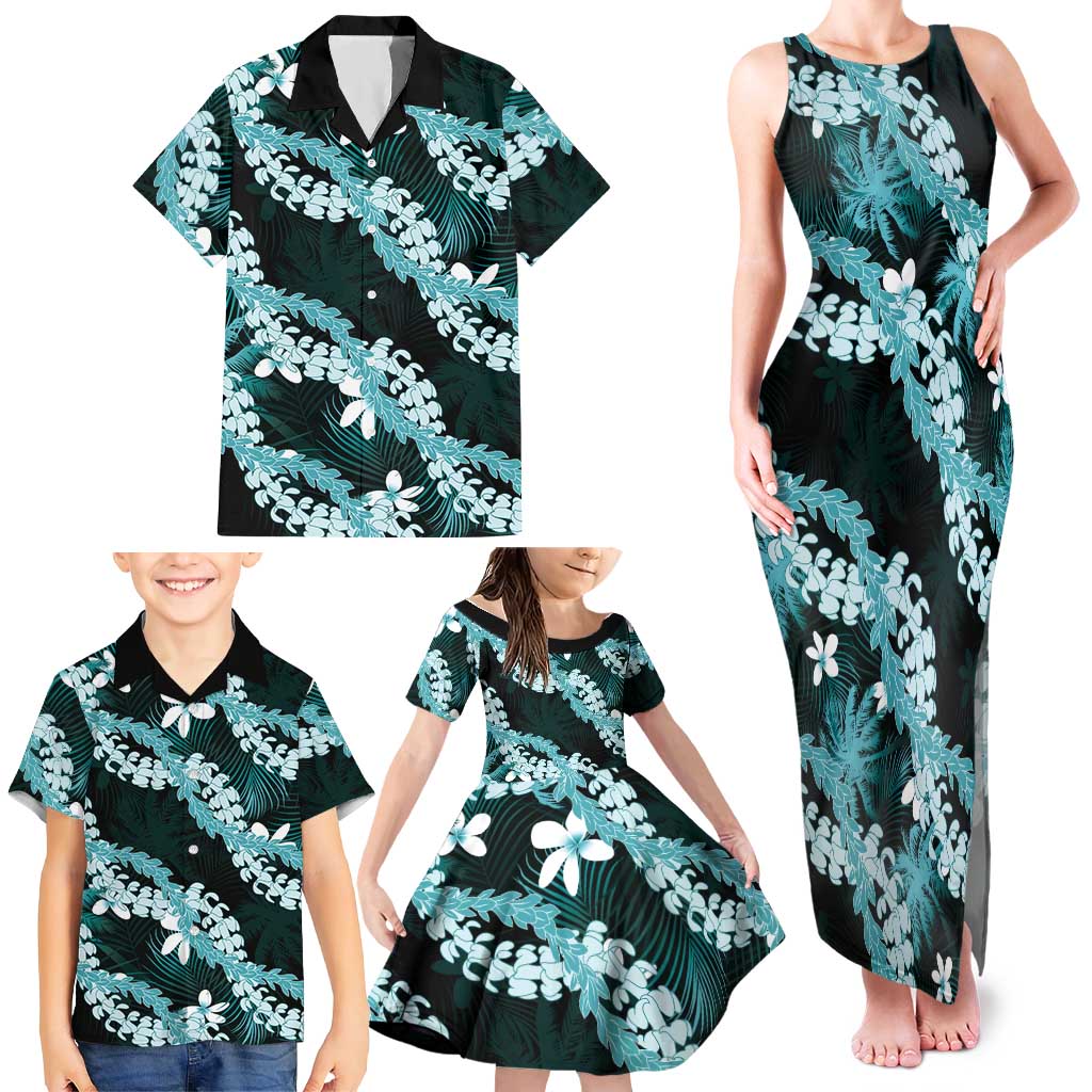 Puakenikeni Maile Lei Family Matching Tank Maxi Dress and Hawaiian Shirt Frangipani Turquoise Tropical Leaves LT01 - Polynesian Pride