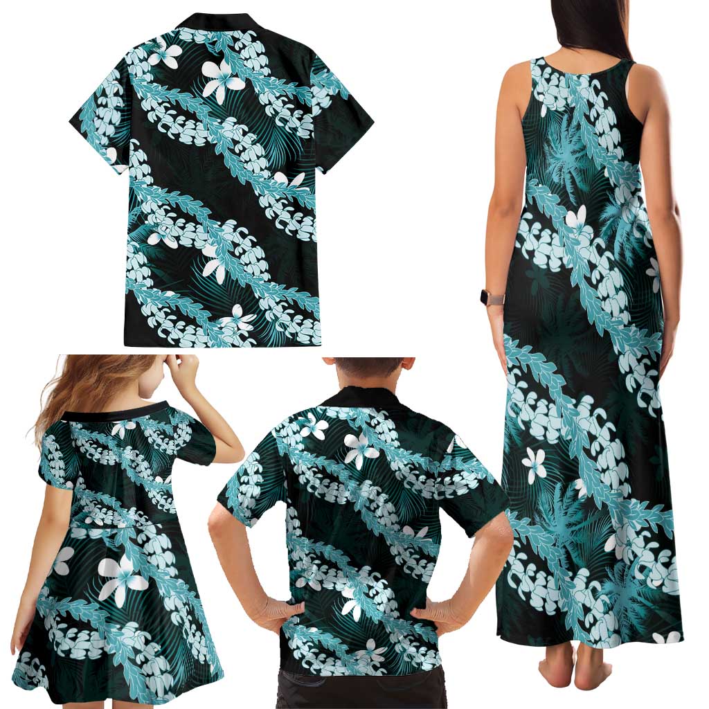 Puakenikeni Maile Lei Family Matching Tank Maxi Dress and Hawaiian Shirt Frangipani Turquoise Tropical Leaves LT01 - Polynesian Pride