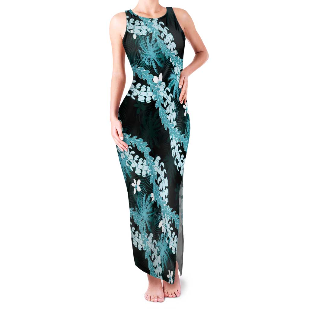 Puakenikeni Maile Lei Family Matching Tank Maxi Dress and Hawaiian Shirt Frangipani Turquoise Tropical Leaves LT01 Mom's Dress Turquoise - Polynesian Pride