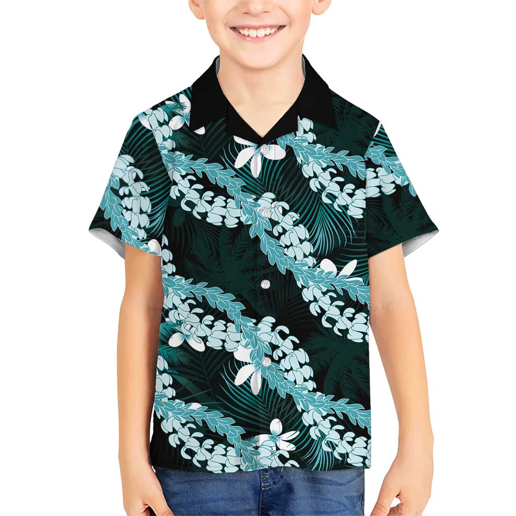 Puakenikeni Maile Lei Family Matching Tank Maxi Dress and Hawaiian Shirt Frangipani Turquoise Tropical Leaves LT01 Son's Shirt Turquoise - Polynesian Pride