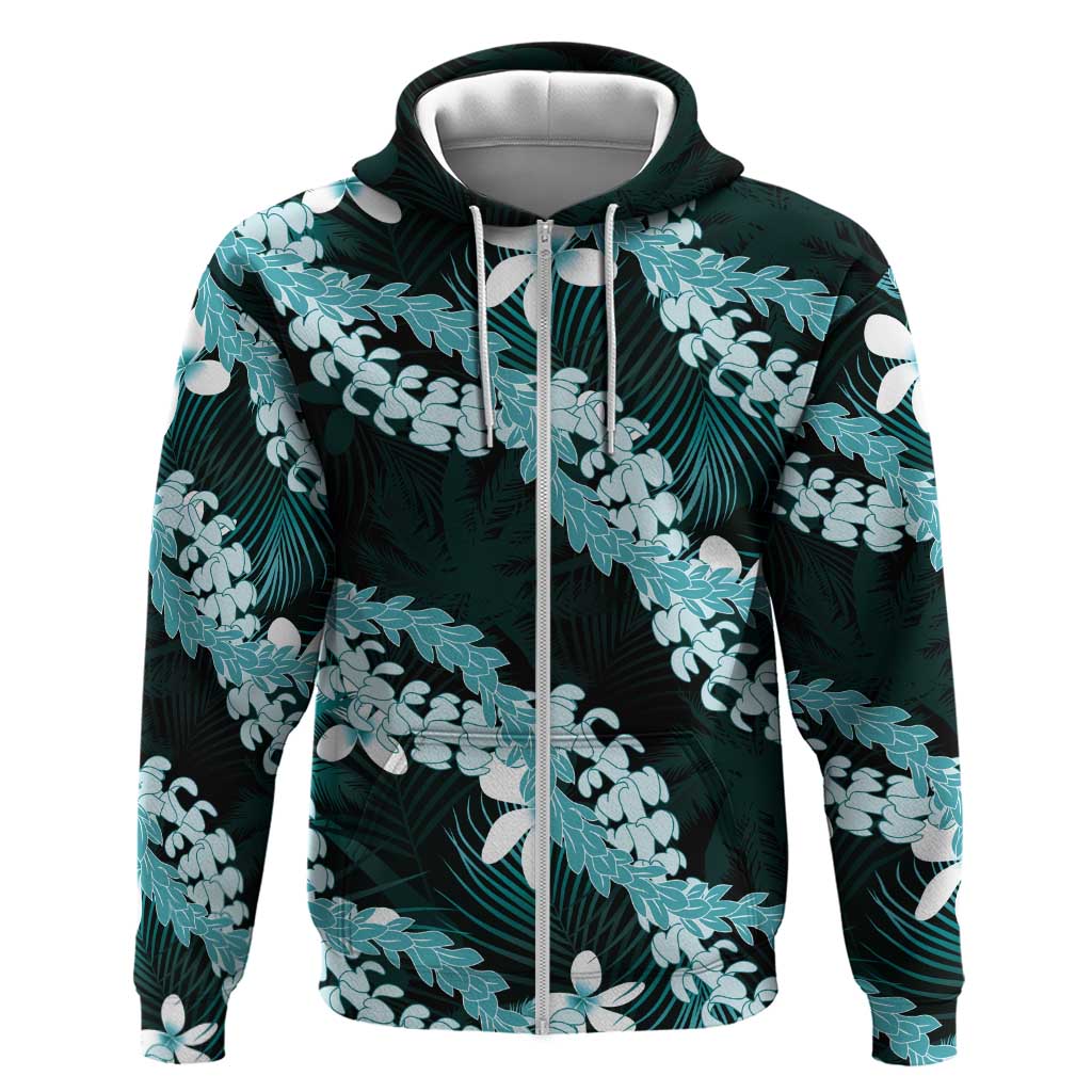 Puakenikeni Maile Lei Hoodie Frangipani Turquoise Tropical Leaves