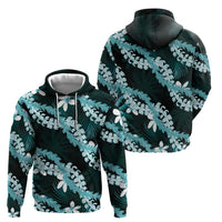 Puakenikeni Maile Lei Hoodie Frangipani Turquoise Tropical Leaves