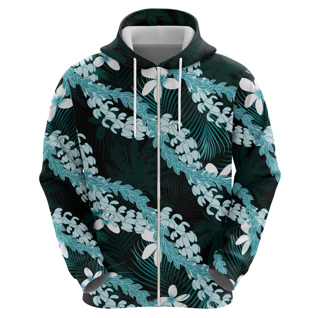 Puakenikeni Maile Lei Hoodie Frangipani Turquoise Tropical Leaves