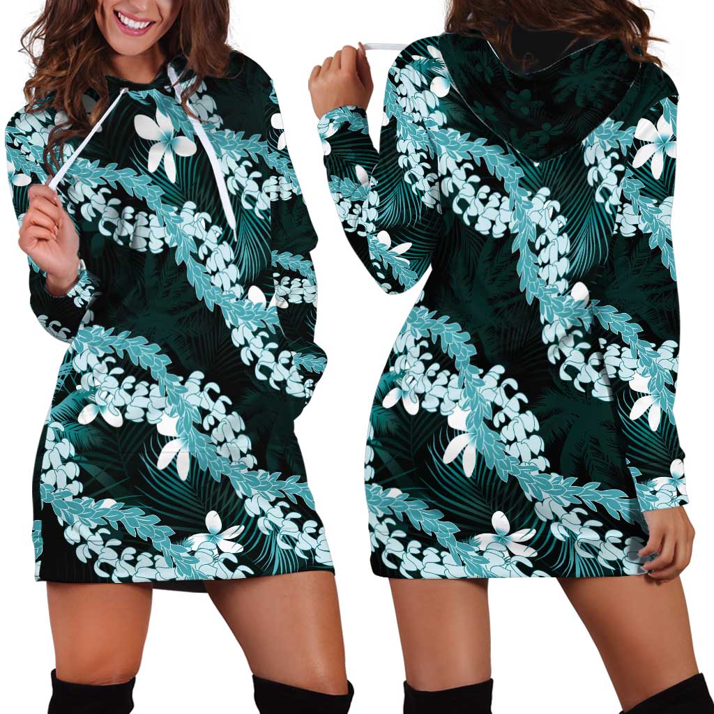Puakenikeni Maile Lei Hoodie Dress Frangipani Turquoise Tropical Leaves LT01 - Polynesian Pride