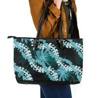 Puakenikeni Maile Lei Leather Tote Bag Frangipani Turquoise Tropical Leaves LT01 - Polynesian Pride