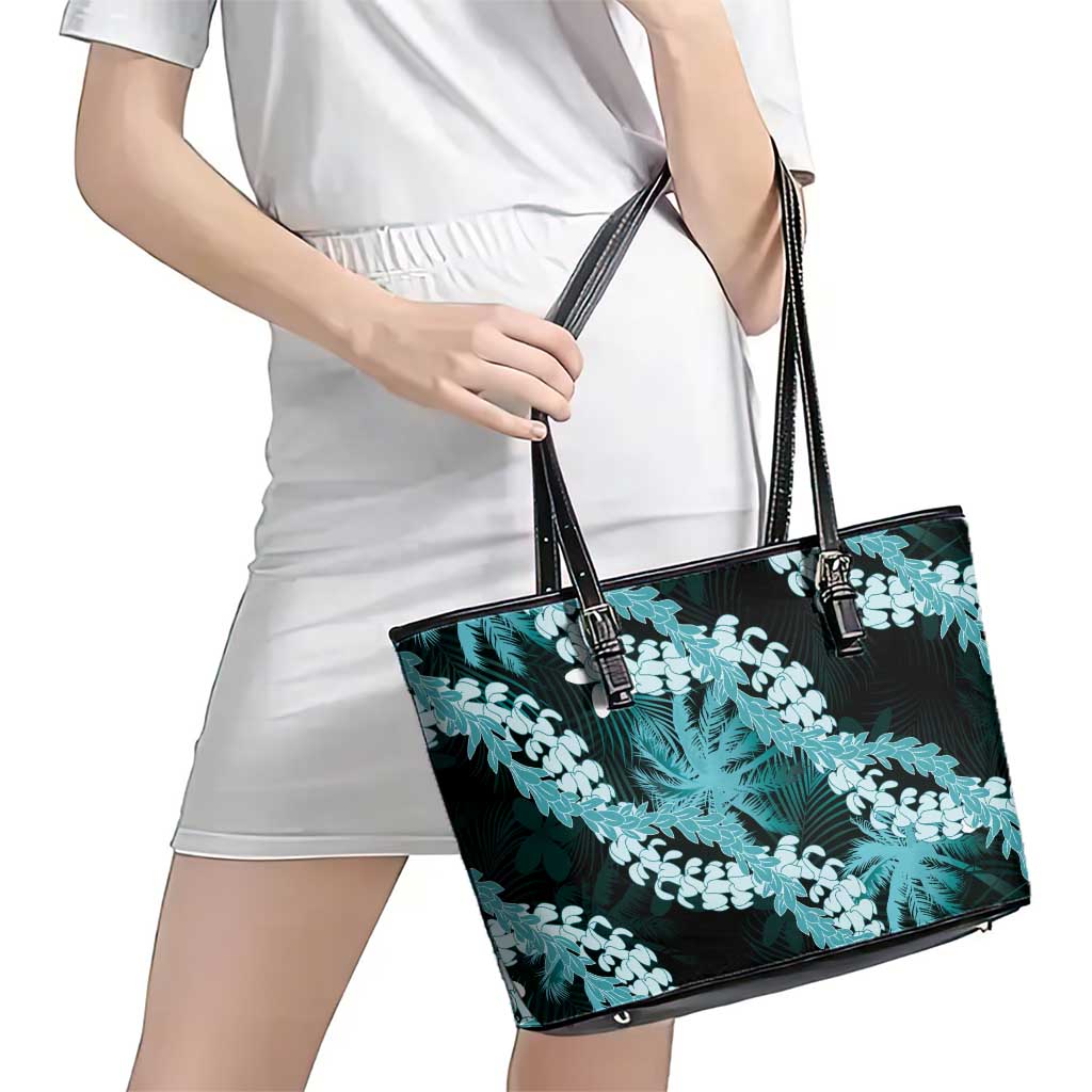 Puakenikeni Maile Lei Leather Tote Bag Frangipani Turquoise Tropical Leaves LT01 - Polynesian Pride
