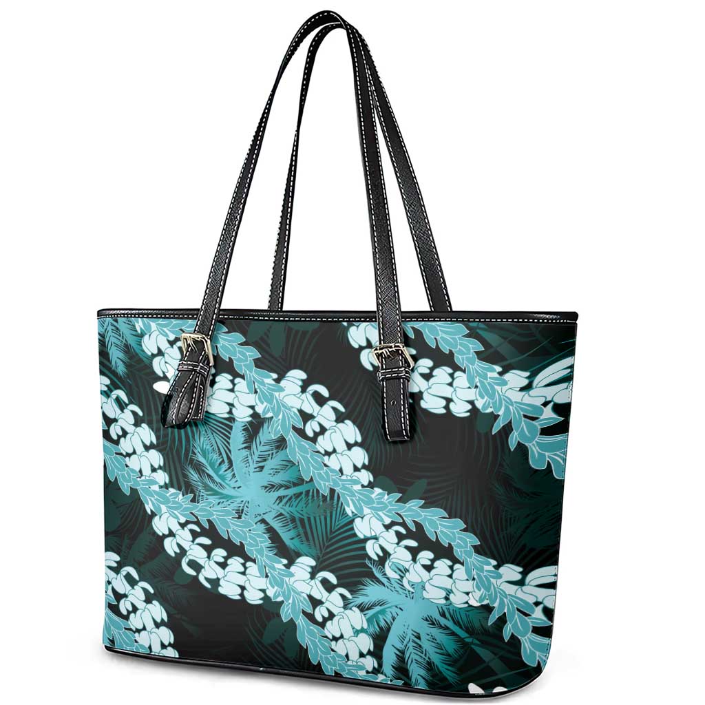 Puakenikeni Maile Lei Leather Tote Bag Frangipani Turquoise Tropical Leaves LT01 - Polynesian Pride