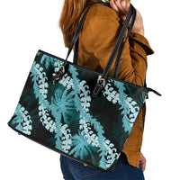 Puakenikeni Maile Lei Leather Tote Bag Frangipani Turquoise Tropical Leaves LT01 - Polynesian Pride
