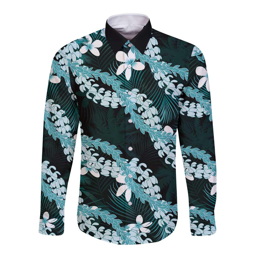 Puakenikeni Maile Lei Long Sleeve Button Shirt Frangipani Turquoise Tropical Leaves
