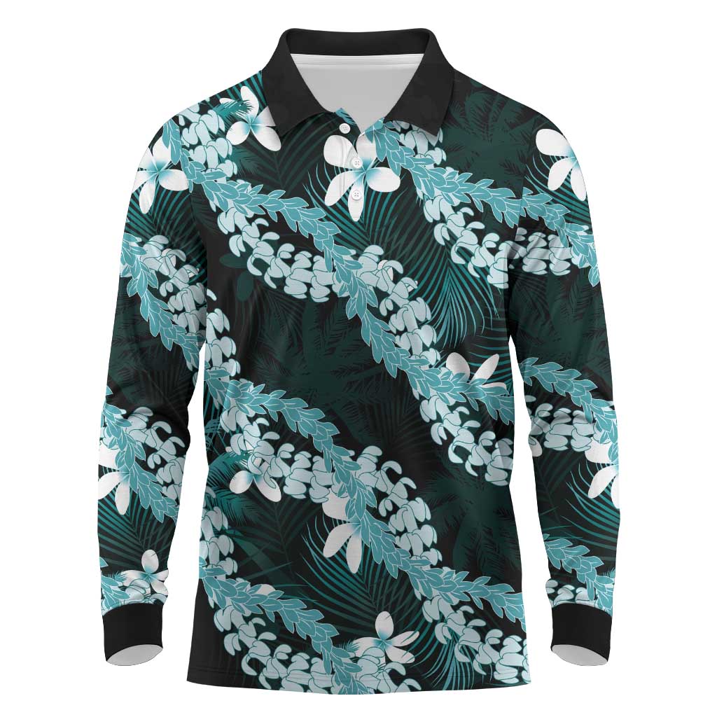 Puakenikeni Maile Lei Long Sleeve Polo Shirt Frangipani Turquoise Tropical Leaves