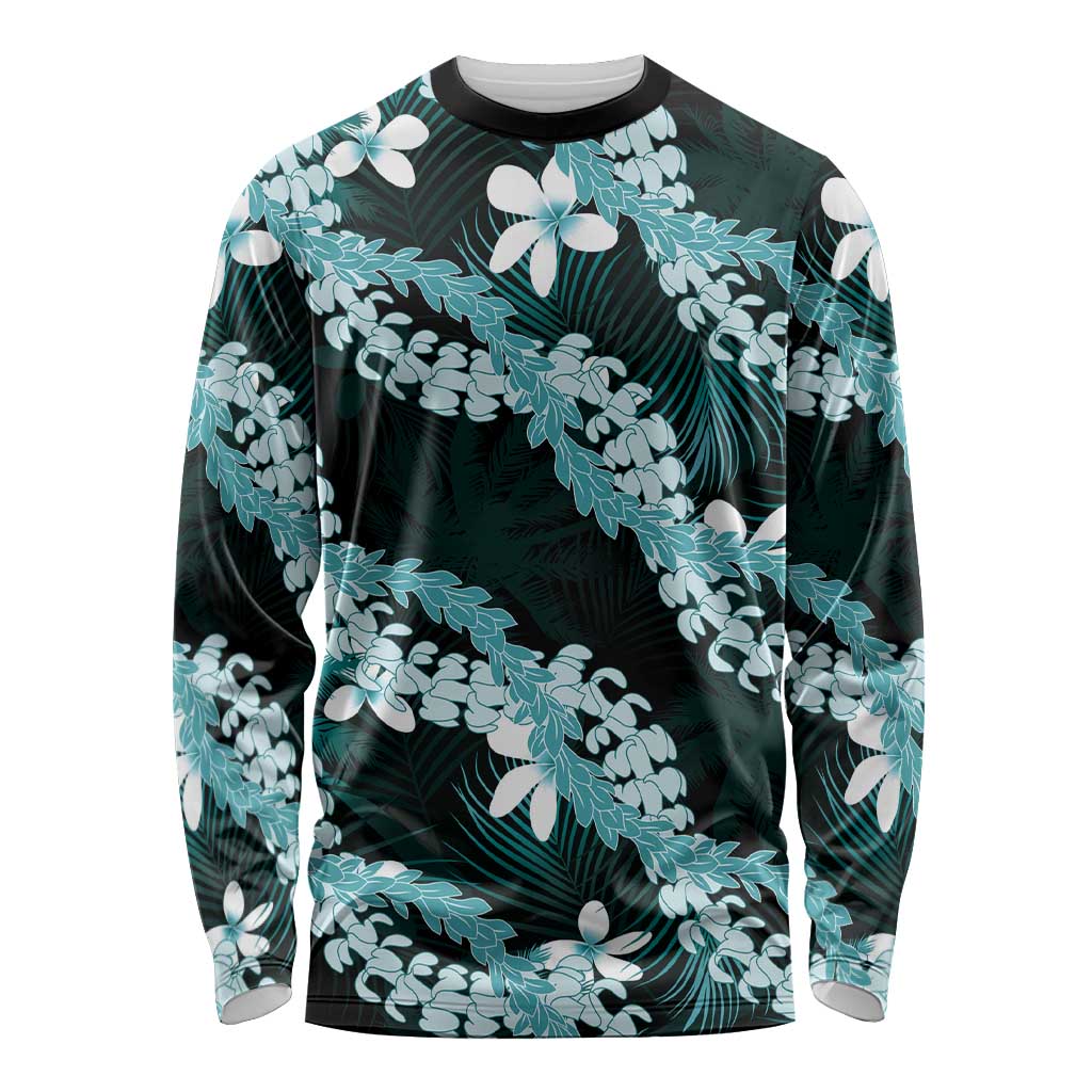 Puakenikeni Maile Lei Long Sleeve Shirt Frangipani Turquoise Tropical Leaves